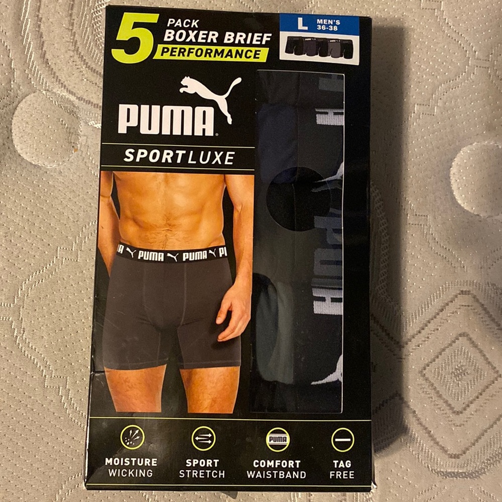Puma Men's Sportluxe Performance Boxer Brief, 5-pack Large, Black, Blue and Gray